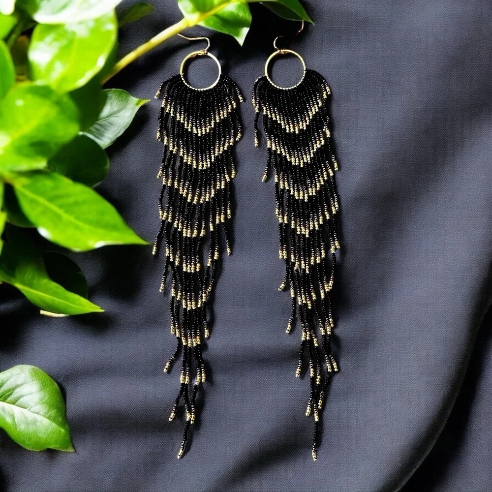 Black and Gold Glass Beaded Chandelier Earrings with Cascading Feather Design